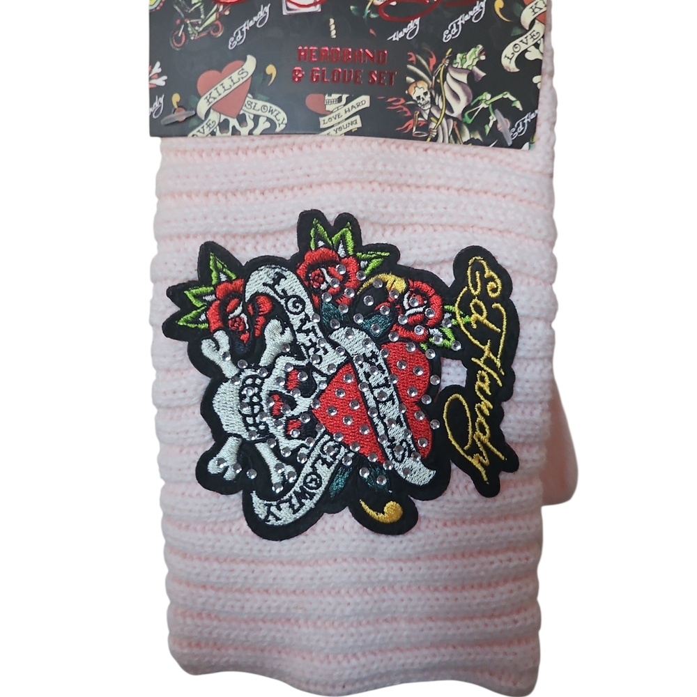 Ed Hardy Light Pink Beanie and Glove Set